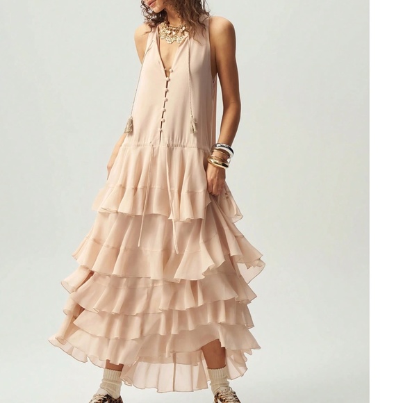 Solid Half Button Neck tie Sleeveless Layered Tiered Ruffle Maxi Dress - Picture 6 of 6